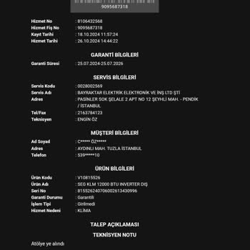 Gürültülü Klima Ve Yetersiz Servis Deneyimi