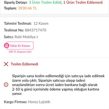 Teslim Edilmeyen Dolap Ve İptal Edilen Sipariş