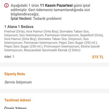 Yoğunluk Bahane Edilerek İptal Edilen Sipariş