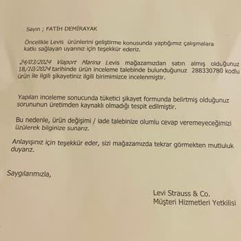 Levi's Tuzla Marina Şubesi Ayıplı Ürünün Arkasında Durmuyor