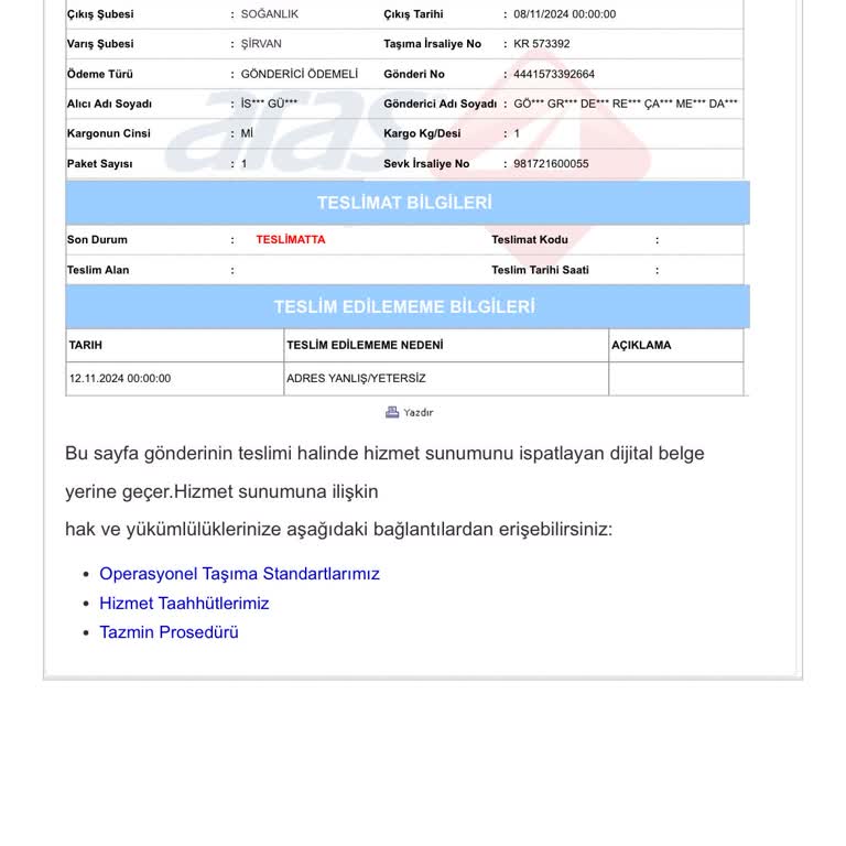 Aras Kargo Şirvan Şubesi Teslimat Sorunları!
