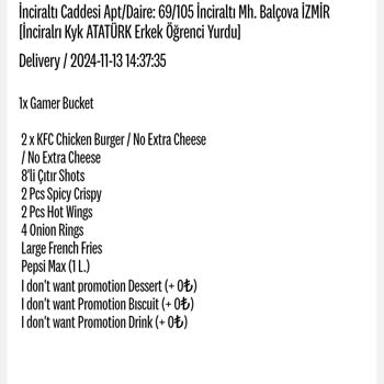 KFC Siparişimde Eksiklik Ve Gecikme Sorunu