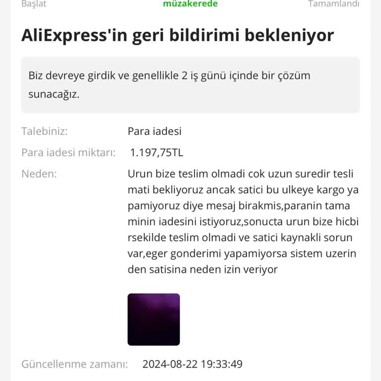 AliExpress'ten Alınan Ürünün Teslim Edilmemesi Ve Para İadesi Sorunu