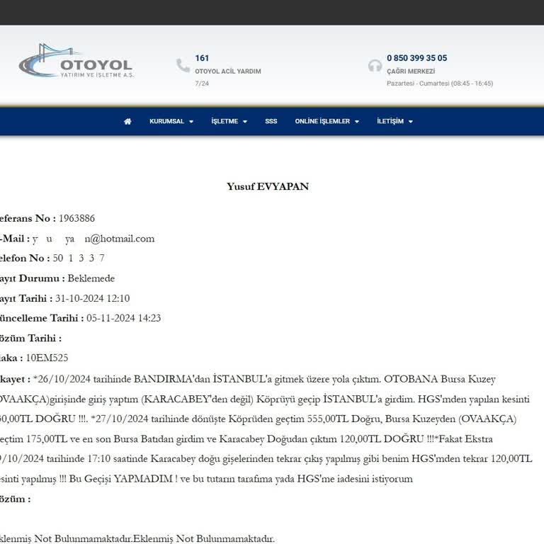 Yanlış HGS Kesintisi: İade Talebi