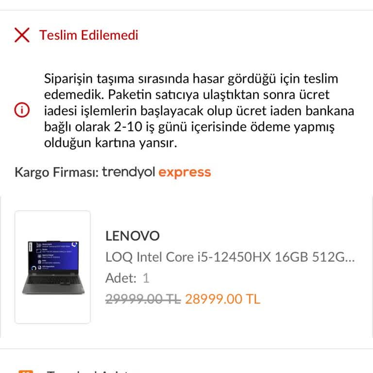 Trendyol'dan Alınan Laptopun Kargoda Hasar Görmesi Ve Ücret İadesi Sorunu