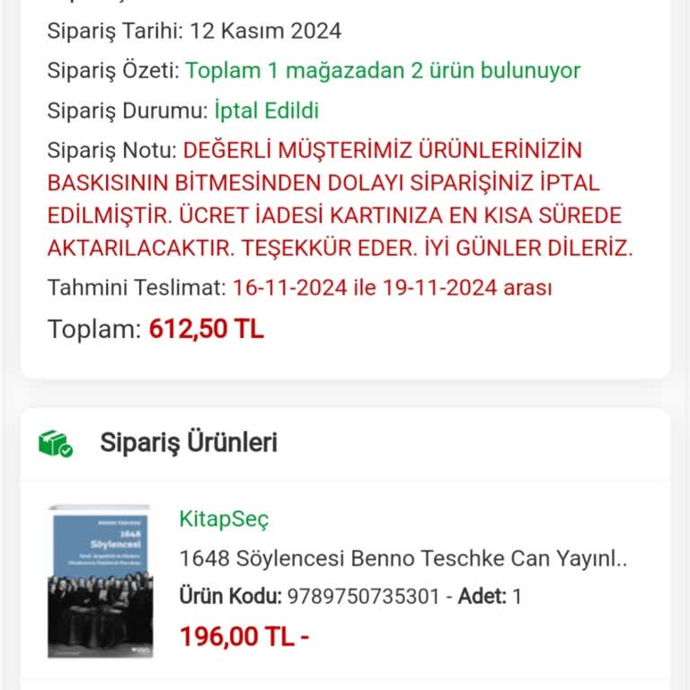 Kitap Siparişi İptali Ve Geciken Para İadesi