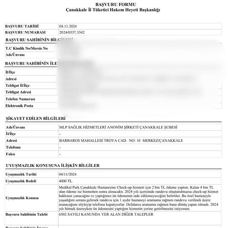 Medical Park Çanakkale'de Check-up Hizmeti Mağduriyeti