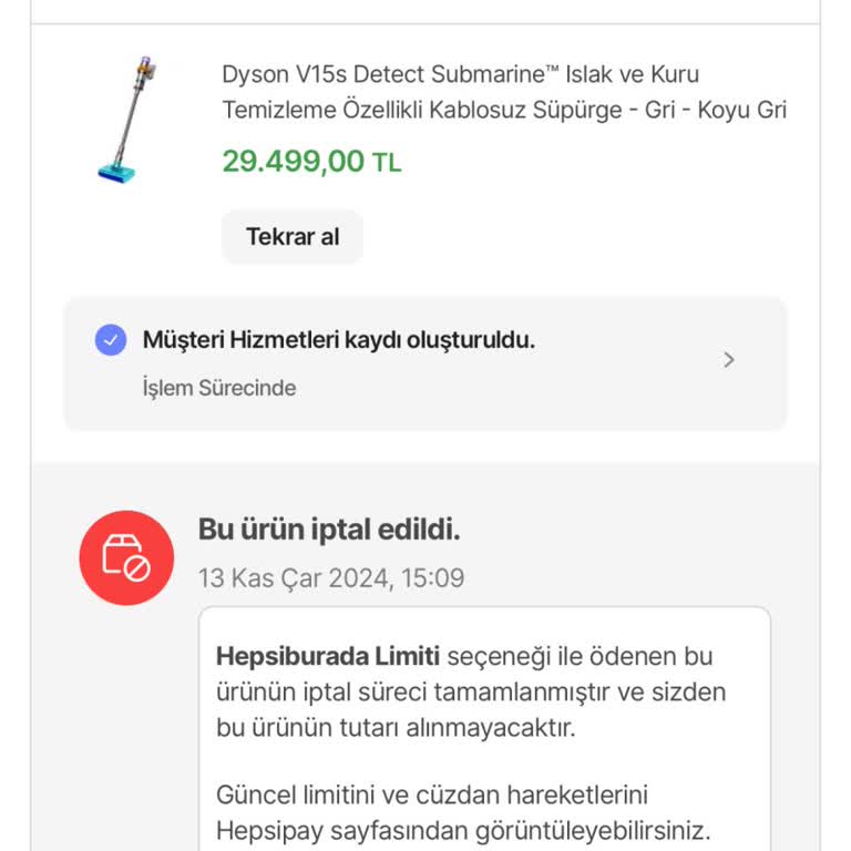 Dyson Süpürge Siparişi İptali Sonrası Para İadesi Sorunu