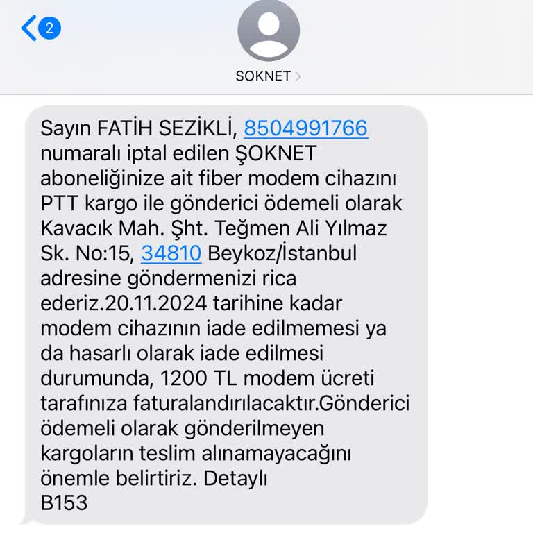 İptal Edilen Abonelikte Modem Ücret Talebi