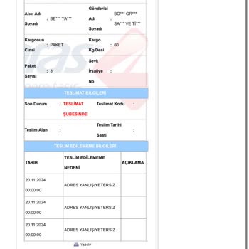 Adres Yanlışlığı Nedeniyle Teslim Edilemeyen Kargo