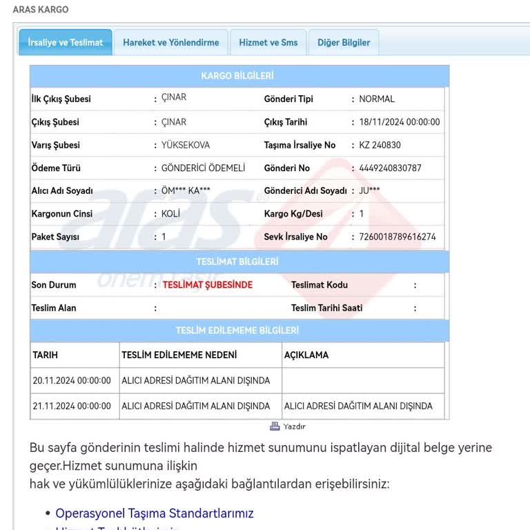 Yüksekova Aras Kargo Teslimat Sorunu