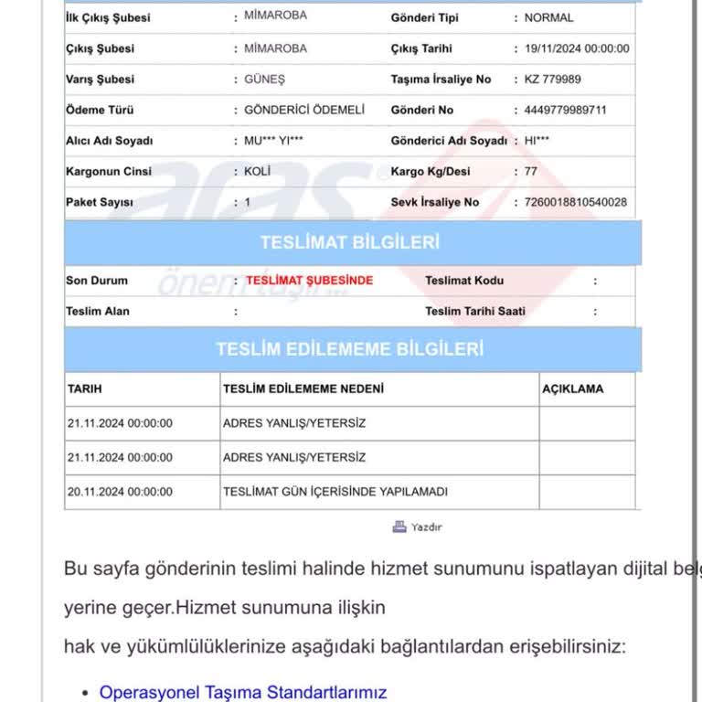Aras Kargo Güneş Şubesi'nde İnatçı Ve Lakayıt Hizmet