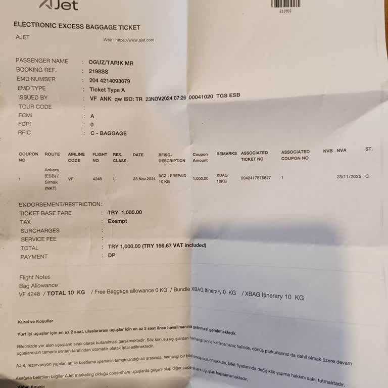 Ajet Firmasının Yüksek Bagaj Ücretleri
