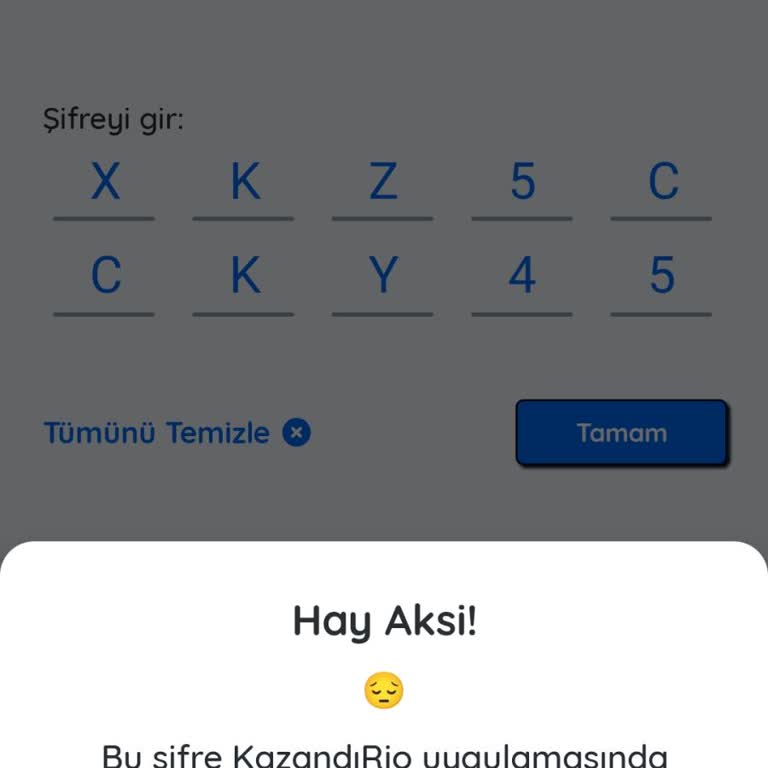 Kazandırio Uygulamasında Geçersiz Kodu Sorunu