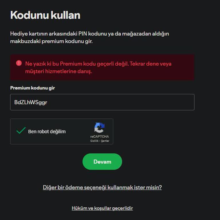 Kullanılamayan Spotify Hediye Kodu Sorunu