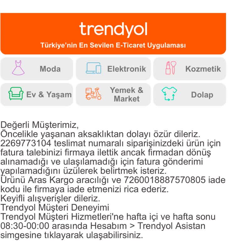 Trendyol'dan Aldığım Ürünün Faturasını Alamıyorum Ve Mağdur Ediliyorum