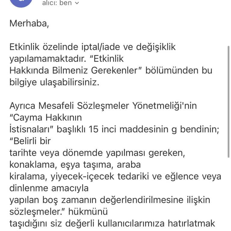 Bilet İptal Talebine Olumsuz Yanıt