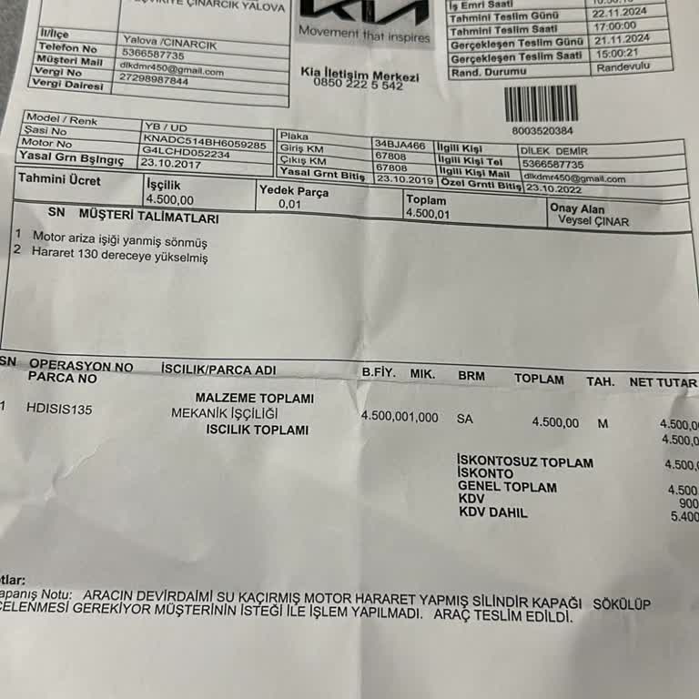 Kia Servisinde Beklenmedik Yüksek İşçilik Ücreti