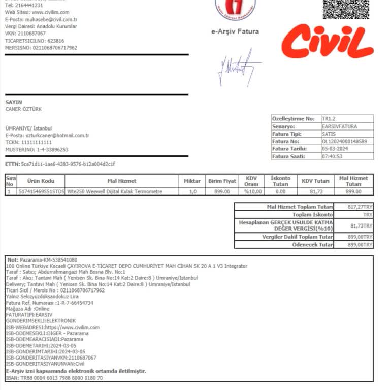 Garanti Kapsamı Dışı Bırakılan Ateş Ölçer Ve Temizlik Ücreti Talebi