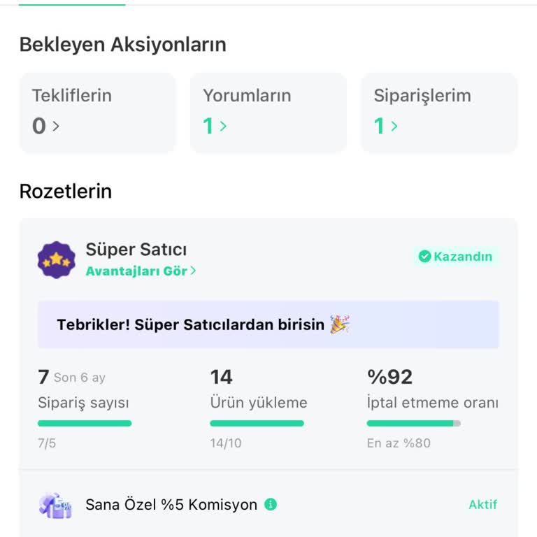 Süper Satıcı Rozeti Aldım, Komisyon İndirimi Yok!