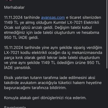 Avansas'tan Aldığım Üründe İade Sorunu Ve Haksız Kesinti