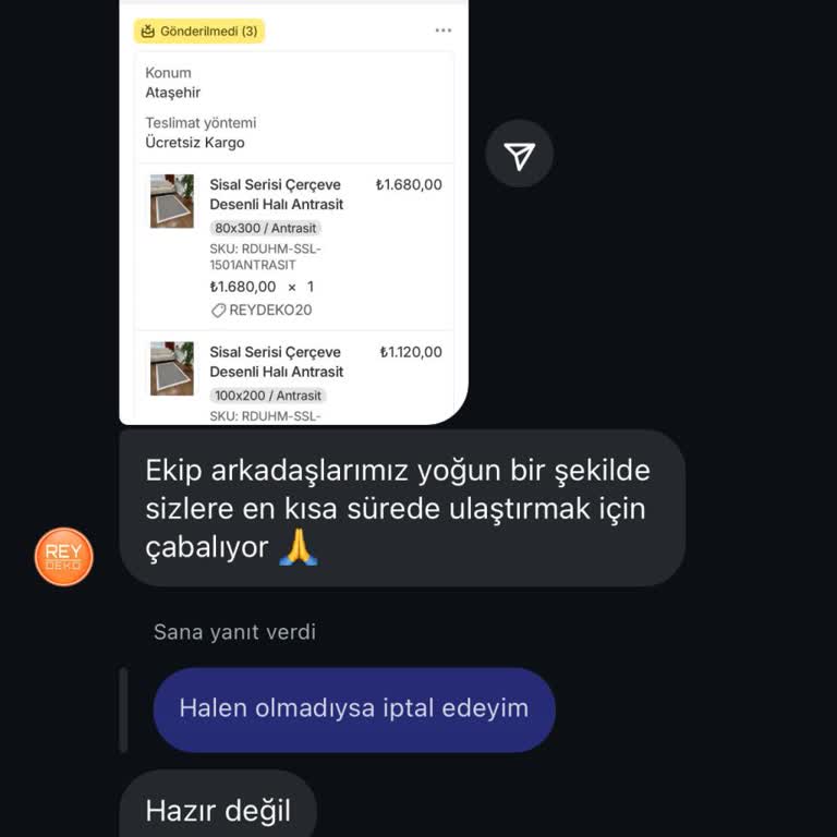 Reydeko'dan Sipariş Teslim Edilmedi Müşteri Hizmetleri Yanıt Vermiyor