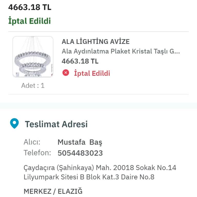 Epttavm'den Aldığım Avize Siparişi İptal Edildi