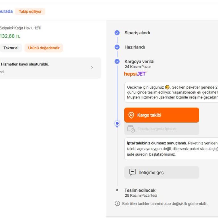 Hepsiburada'da Sipariş Teslimatında Yaşanan Sorun Ve İptal Talebi Engeli