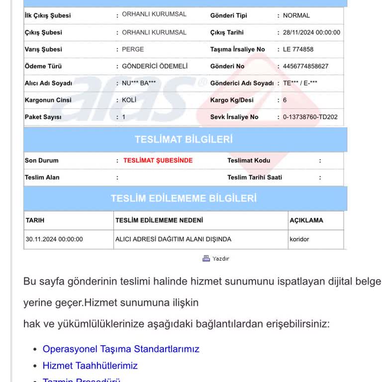 Adres Kapsama Alanı Sorunu Ve Teslimat İsteği