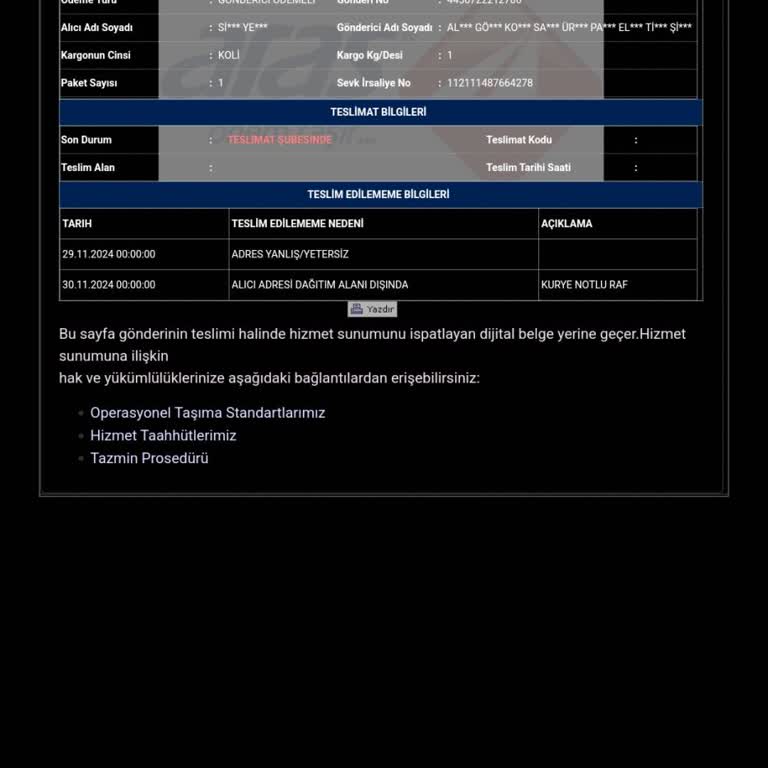 Aras Kargo'nun Yetersiz Adres Gerekçesiyle Teslimat Yapmaması