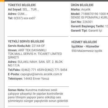 Kurutma Makinesi Arızası Ve Servis Memnuniyetsizliği