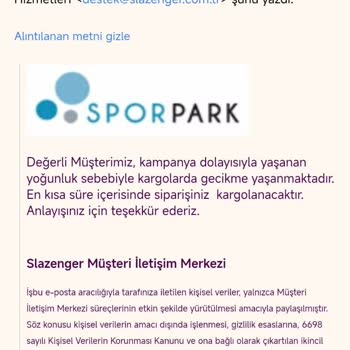 Slazenger'dan Sipariş Edilen Ürün Teslim Edilmiyor