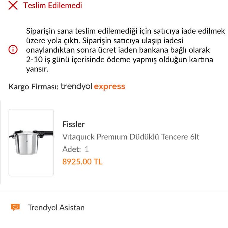 Sipariş Teslim Edilmeden Geri Gönderildi