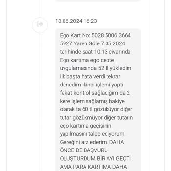 Ego Kartıma Yüklenmeyen Tutar Sorunu