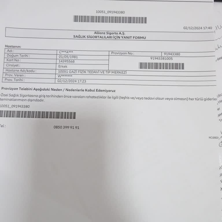Tamamlayıcı Sigorta Provizyonu Reddedildi