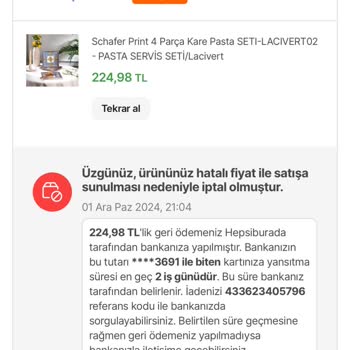 Hatalı Fiyat Gerekçesiyle İptal Edilen Siparişler