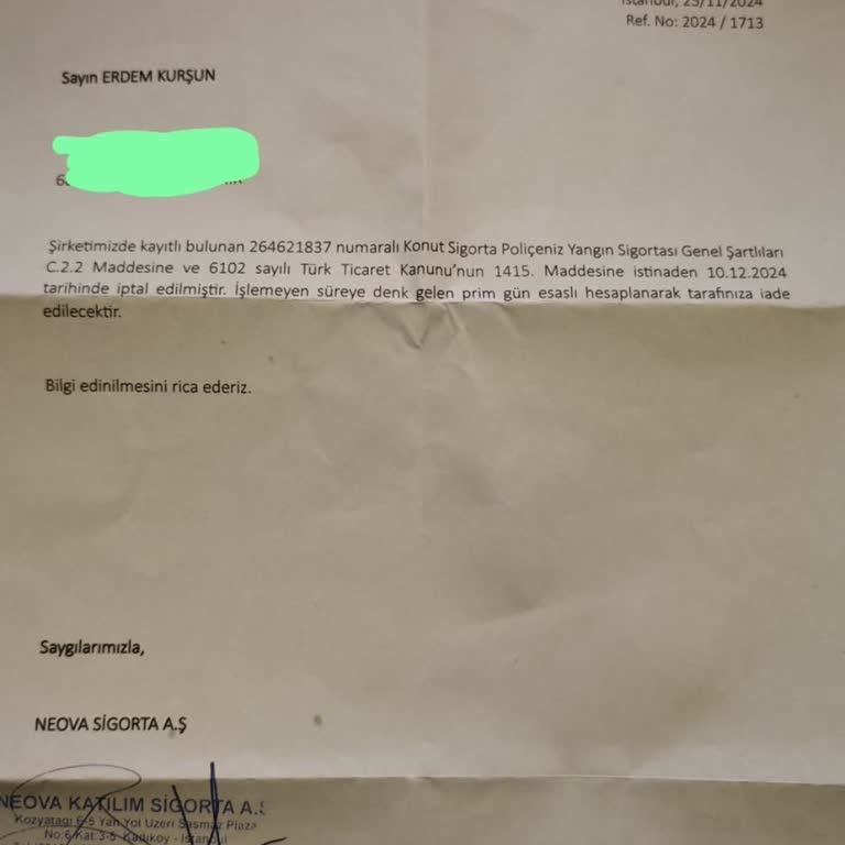 Neova Sigorta'nın Anlaşılmaz Poliçe İptali