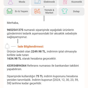 Tedarik Sorunu Nedeniyle İptal Edilen Sipariş