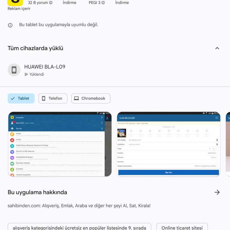 Sahibinden Uygulaması Tabletime Yüklenmiyor