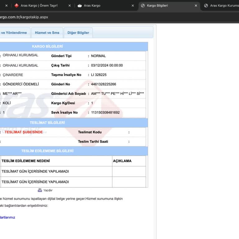 Aras Kargo Çınardere Şubesi Teslimat Sorunu!