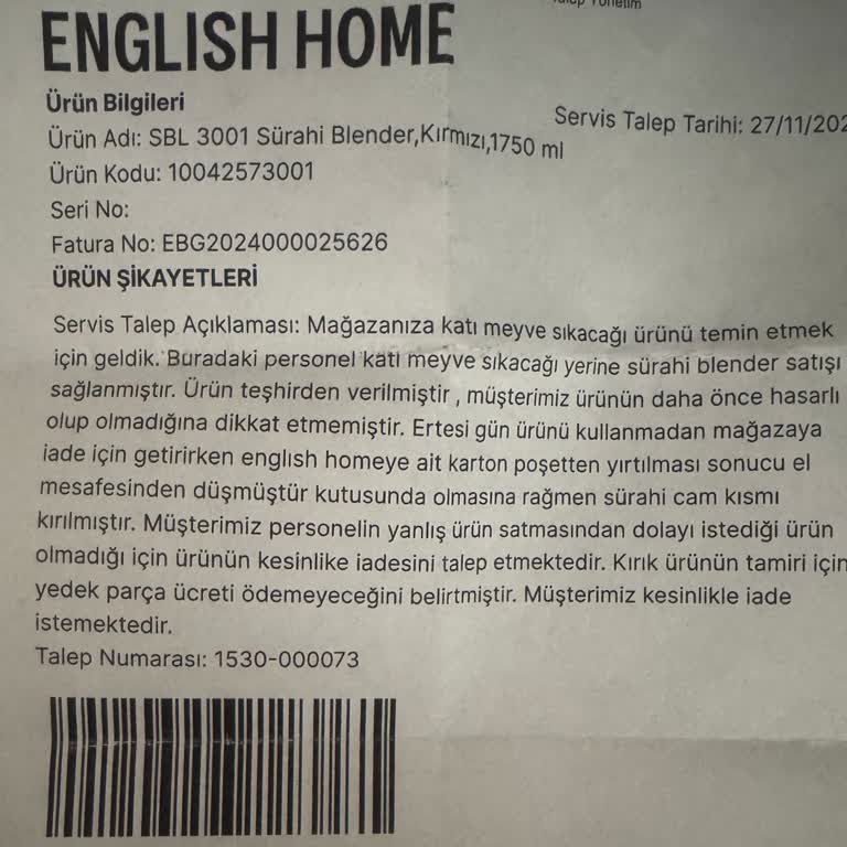English Home Yanlış Ürün Satışı Ve Müşteri Memnuniyetsizliği
