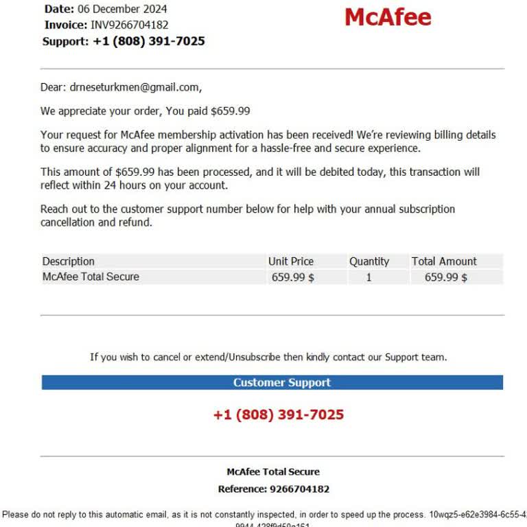 İzinsiz McAfee Ödemesi Ve Sahte E-posta Sorunu