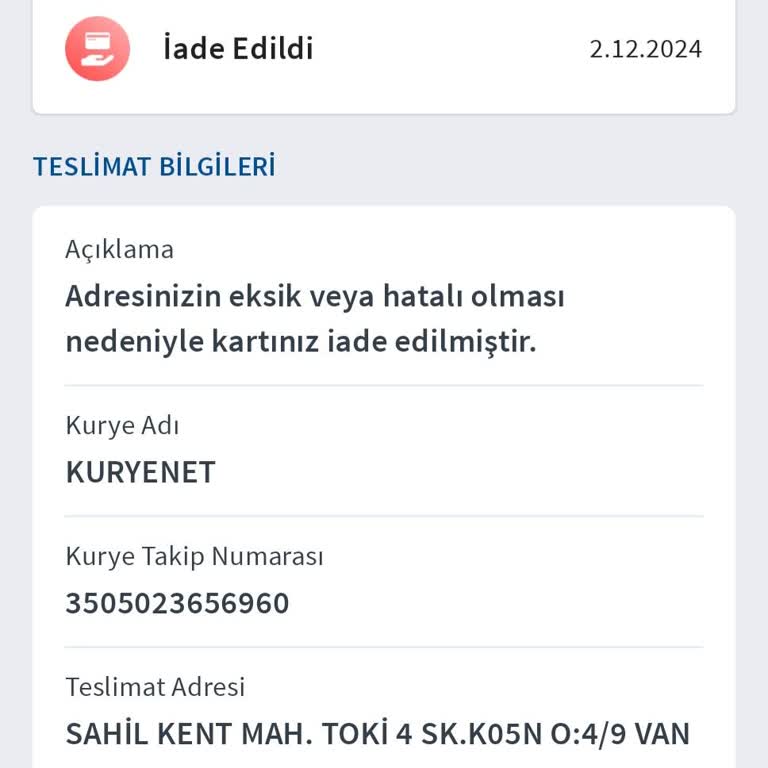 Hatalı Adresle Teslim Edilmeyen Kredi Kartı