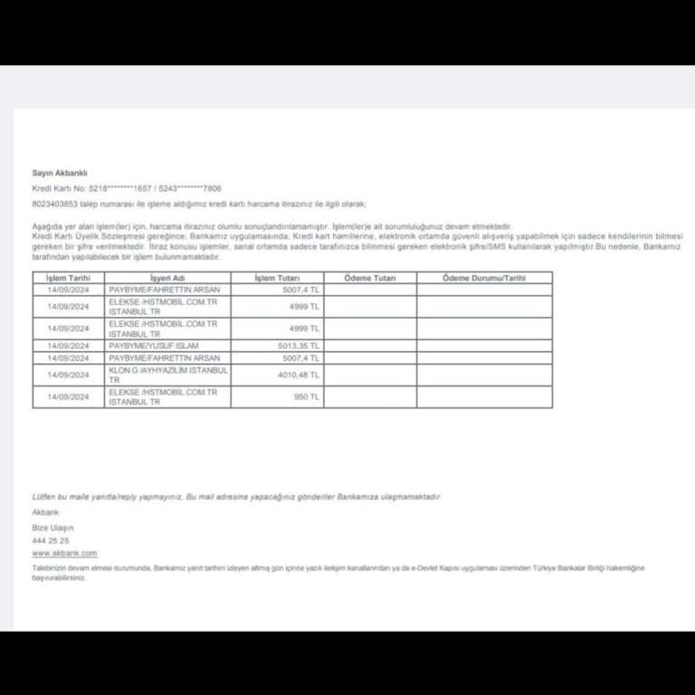 Yetkisiz Kredi Kartı Harcaması İadesi Talebi