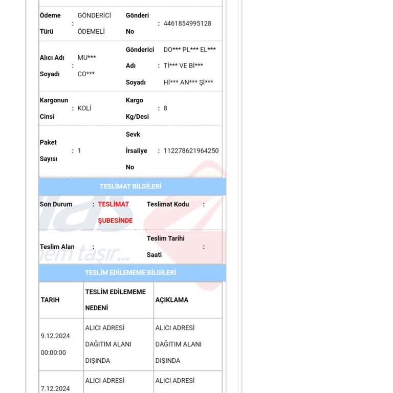 Teslim Edilmeyen Kargo Mağduriyeti