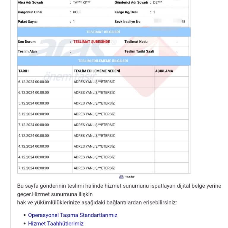 Adres Sorunu Nedeniyle Teslim Edilemeyen Kargo