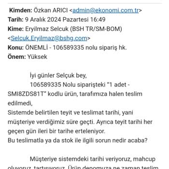 Teslim Edilemeyen Bulaşık Makinesi Sorunu