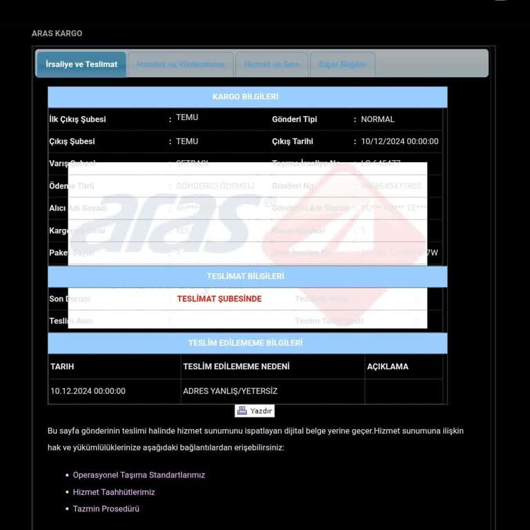 Aras Kargo Adres Yanlışlığı Ve İletişim Sorunları