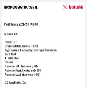 KFC Sipariş İptali Ve Ücret İadesi Sorunu