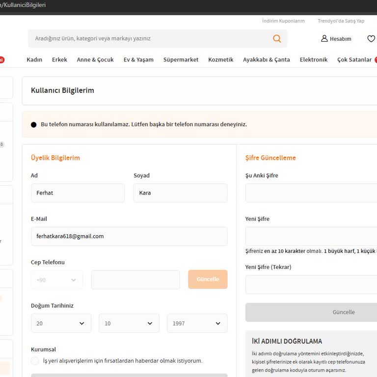 Trendyol'da Numara Değiştirme Sorunu